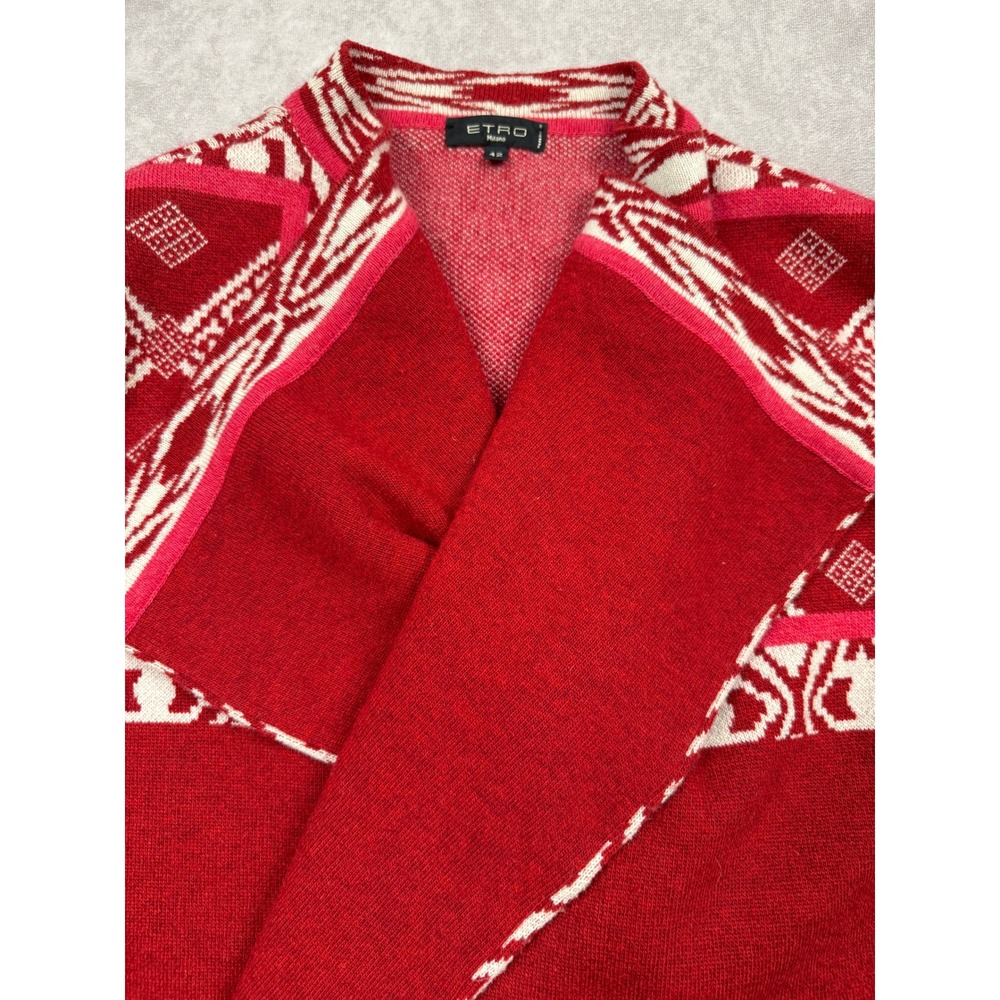 Etro Milano Red White Intarsia Open Front Knit Draped Cardigan Women IT 42/ US 6 - Picture 13 of 15
